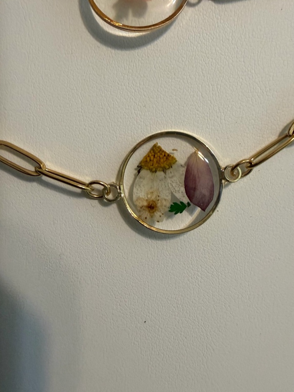 Gold-Tone Pressed Flower Round Pendant Bracelet - Purple & Yellow